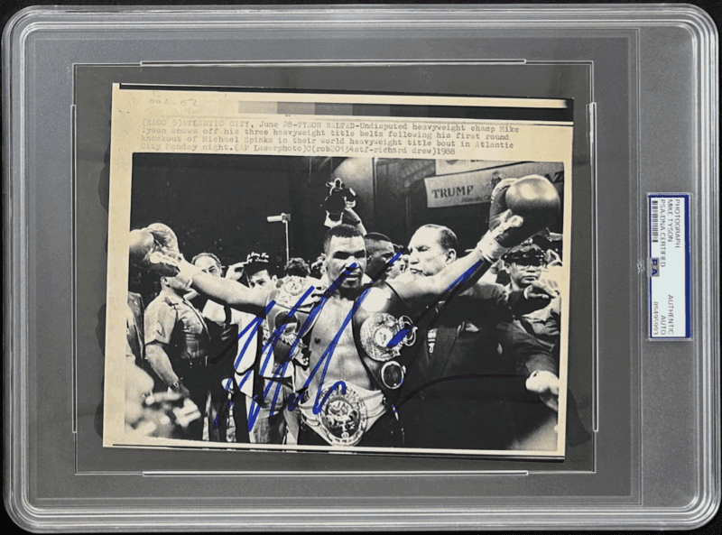 Mike Tyson Signed 1988 Type 3 Photograph PSA/DNA with Belts After Spinks Fight