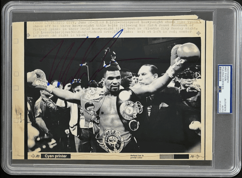 Mike Tyson Signed 1988 Type 3 Photograph PSA/DNA with 3 Tittle Belts Spinks KO