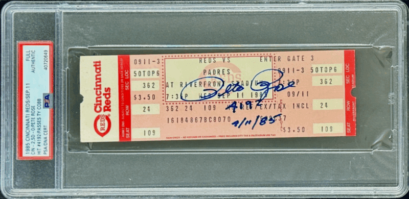 Pete Rose Signed 9/11/85 Full Ticket Becomes The All Time Hit King PSA 40720649