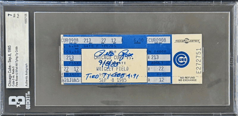 Pete Rose Signed Sep. 8, 1985 Reds Full Ticket Beckett 7 NM Tied Ty Cobb 4191