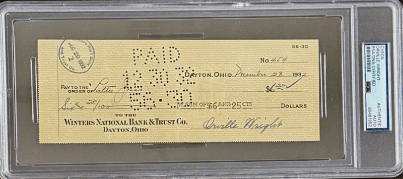 Orville Wright Signed Check Wright Bothers PSA/DNA 85481952 Inventor Airplane