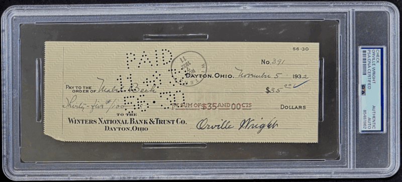 Orville Wright Signed Check Wright Bothers PSA/DNA 85481962 Inventor Airplane