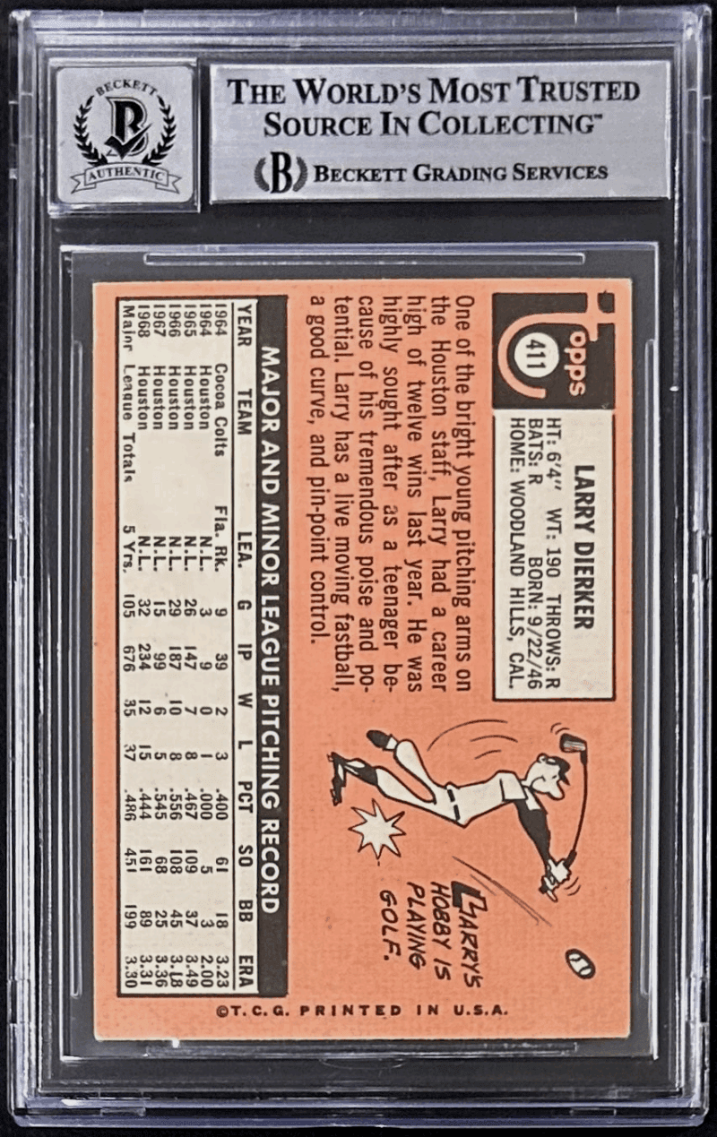 Larry Dierker Signed Autographed 1969 Topps Card #411 Beckett Auto 10 17085530 - Image 2