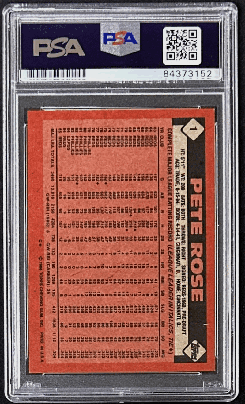 Pete Rose Signed 1986 Topps Card #1 PSA DNA Auto 84373152 Cincinnati Reds - Image 2