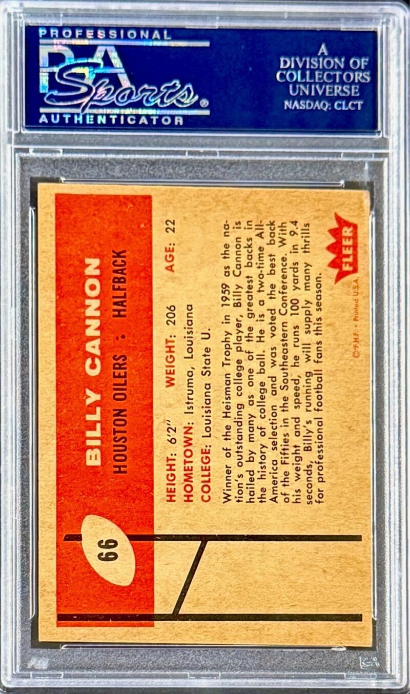 Billy Cannon Signed 1960 Fleer Rookie Card #66 PSA/DNA 84077872 LSU Oilers - Image 2