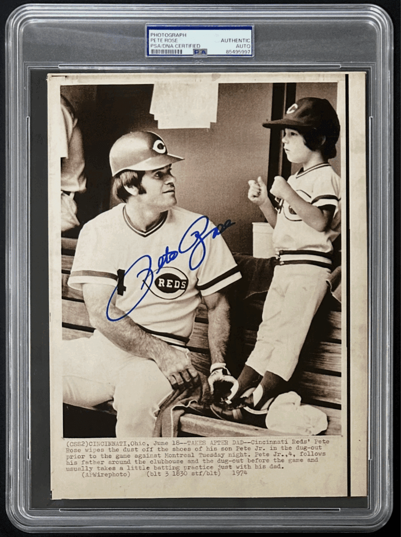 Pete Rose Signed 1974 Type 3 Photograph PSA/DNA Pete with Pete Rose Jr. Reds