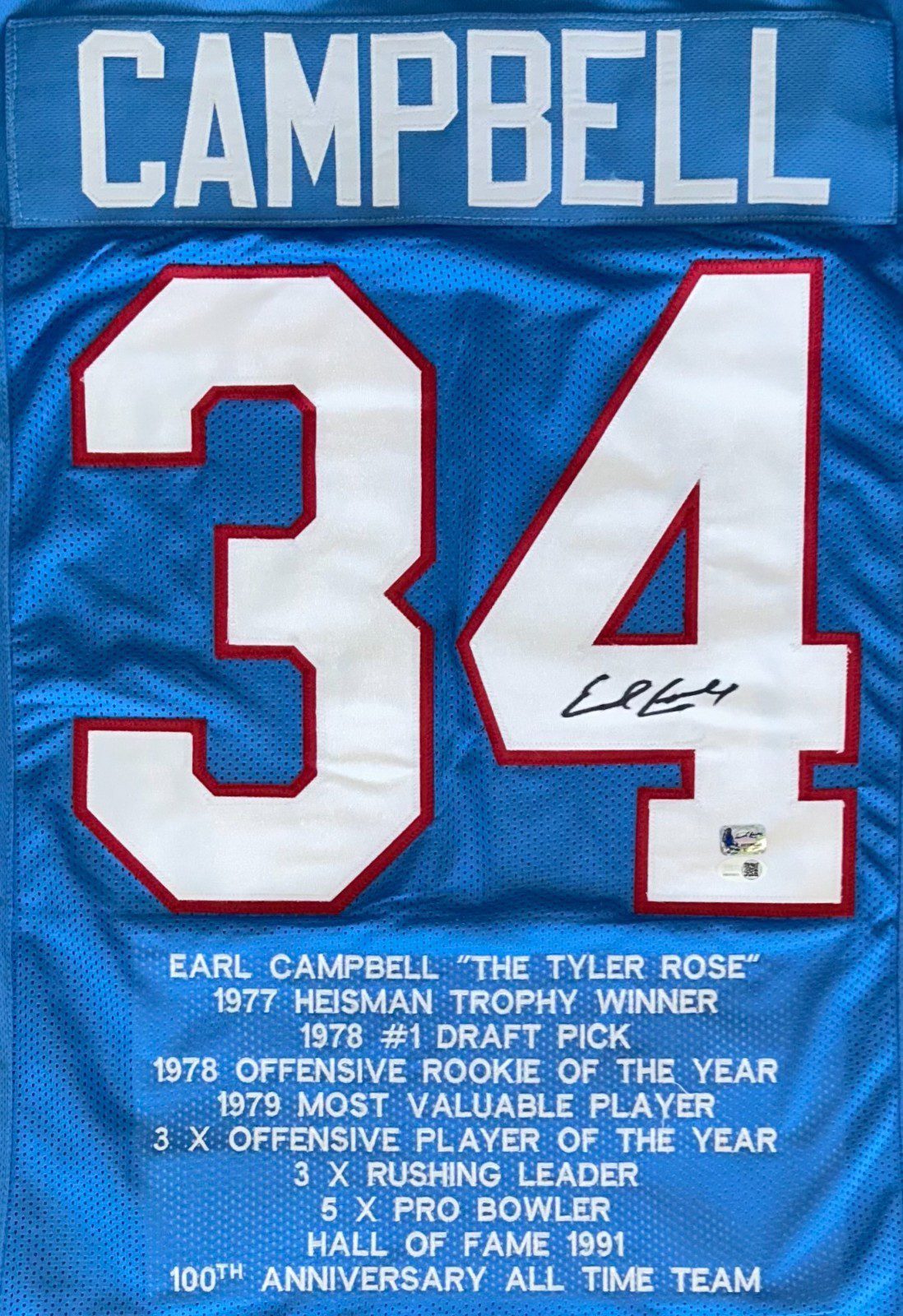 Earl Campbell Signed Autographed Custom Blue Red White Stats Jersey JSA Authen - Image 2