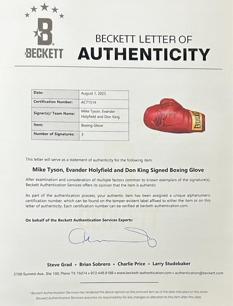 Mike Tyson Evander Holyfield & Don King Signed Red Boxing Glove Beckett Letter 3 - Image 7