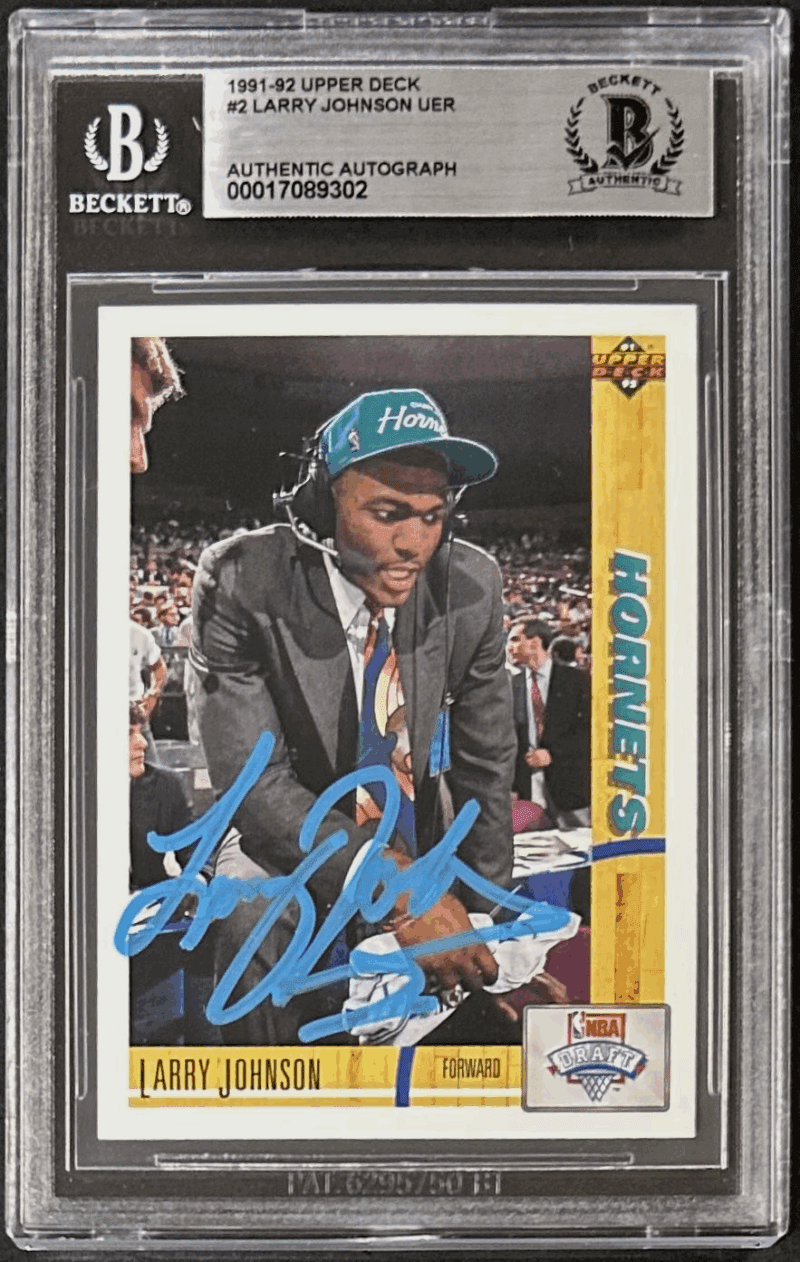 Larry Johnson 1991-92 Upper Deck Signed Card #2 Beckett 17089302 Hornets Blue