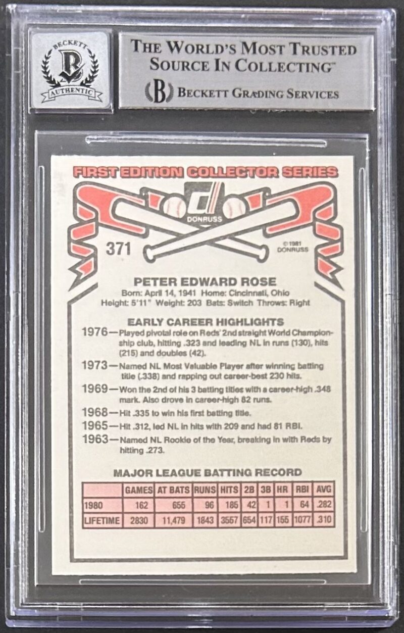 Pete Rose Signed 1981 Donruss Card #371 Beckett 17717959 Auto 10 Phillies - Image 2