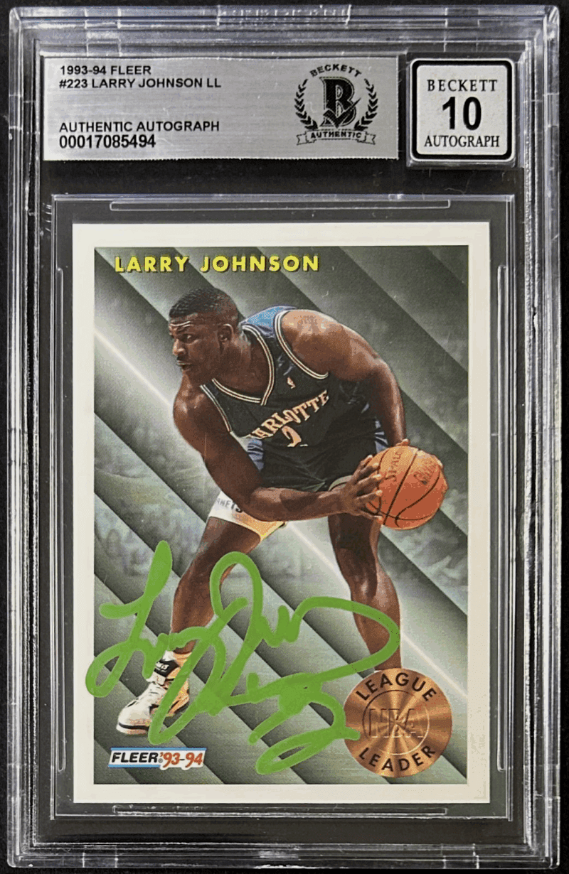 Larry Johnson 1993-94 Fleer Signed Card #223 Beckett 17085494 Hornets Auto 10