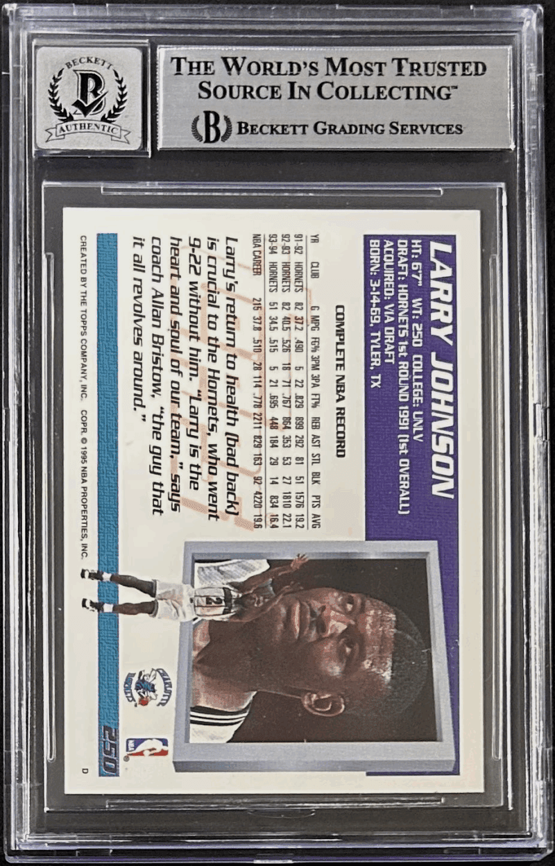 Larry Johnson 1994-95 Topps Signed Card #250 Beckett 17085485 Hornets Auto 10 - Image 2