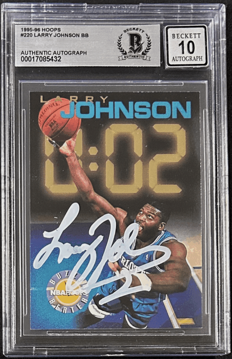 Larry Johnson 1995-96 Hoops Signed Card #220 Beckett 17085432 Hornets Auto 10