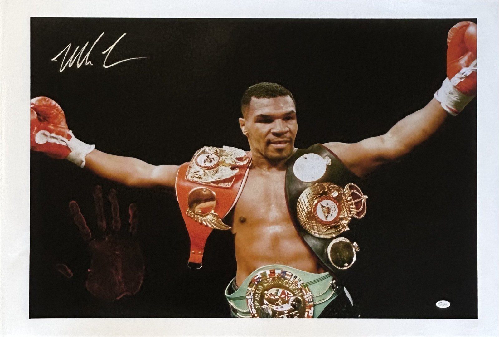 Mike Tyson Original Handprint Unstretched 20x36 Canvas Signed JSA WP276747 Belts