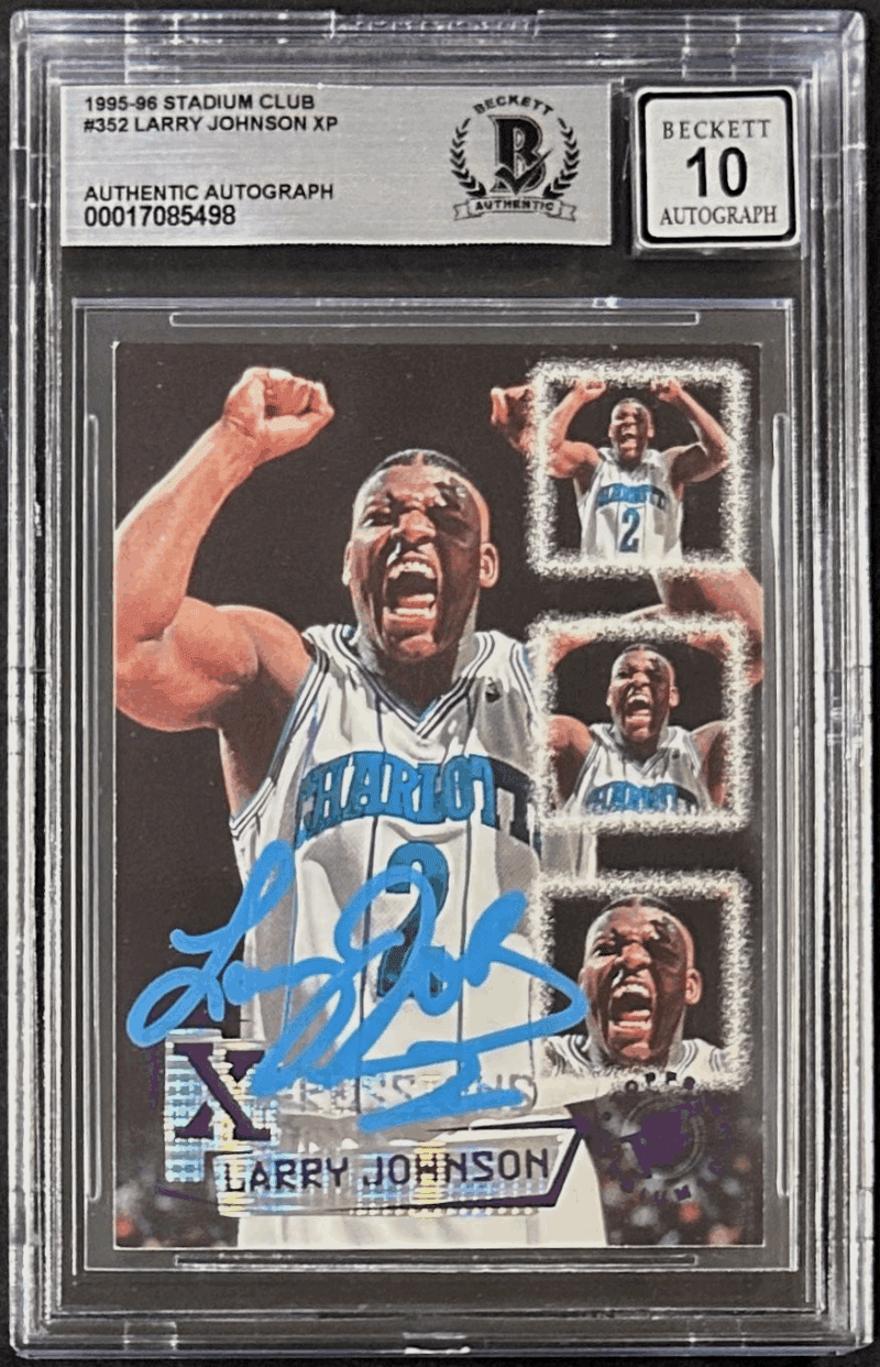 Larry Johnson 1995-96 Stadium Club Signed Card #352 BAS 17085498 Hornets Auto 10