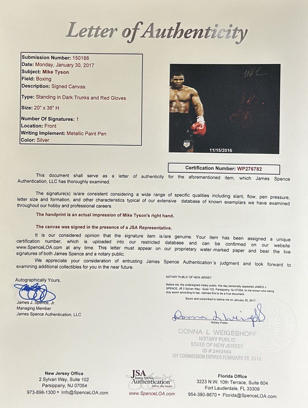 Mike Tyson Original Handprint Unstretched 20x36 Canvas Signed JSA WP276782 COR - Image 6