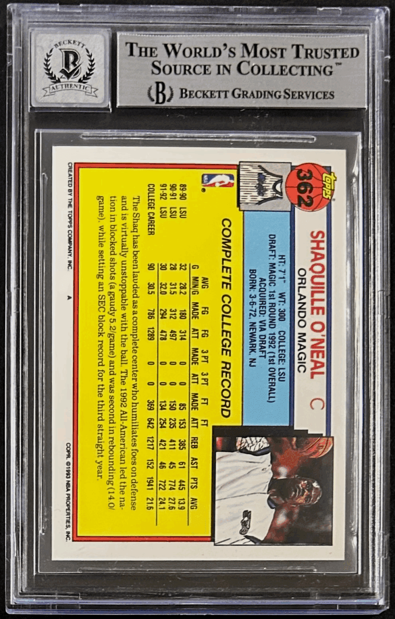 Shaquille Shaq O'Neal Signed 1992-93 Topps Rookie Card #362 BAS 14058119 Auto 10 - Image 2
