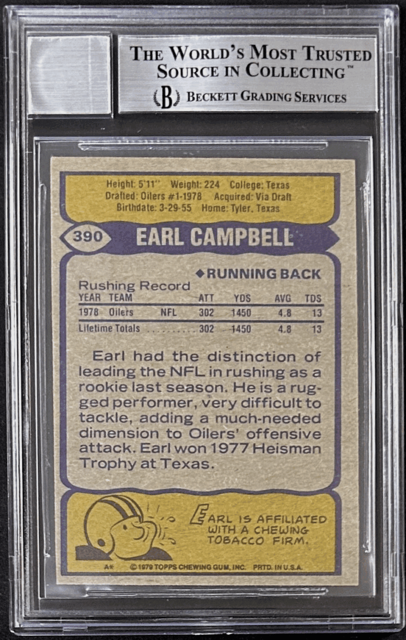 Earl Campbell Signed 1979 Topps Rookie Card #390 Beckett 11596067 Auto 10 Oilers - Image 2