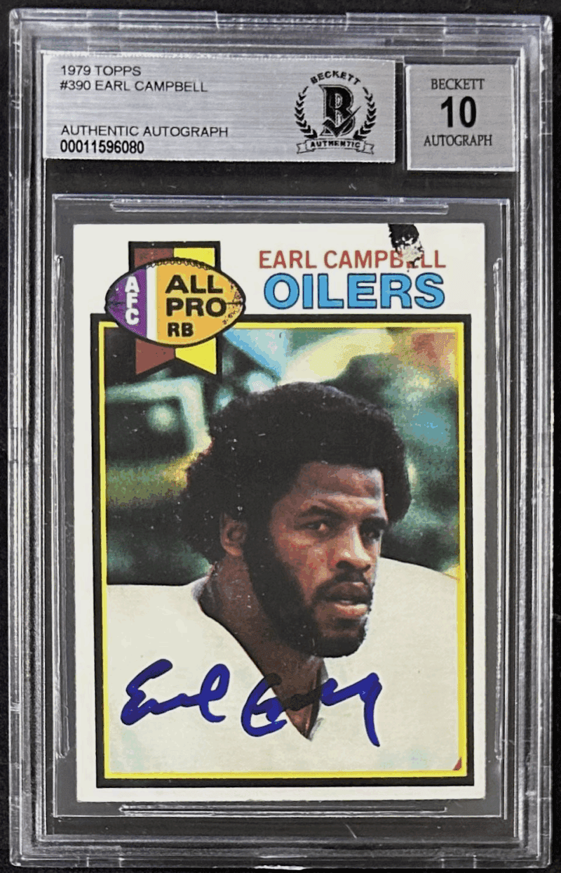 Earl Campbell Signed 1979 Topps Rookie Card #390 Beckett 11596080 Auto 10 Oilers