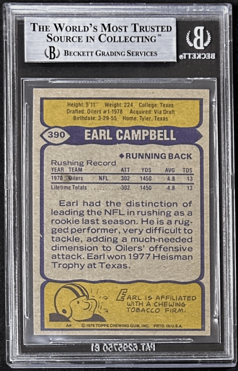 Earl Campbell Signed 1979 Topps Rookie Card #390 Beckett 11596119 Houston Oilers - Image 2