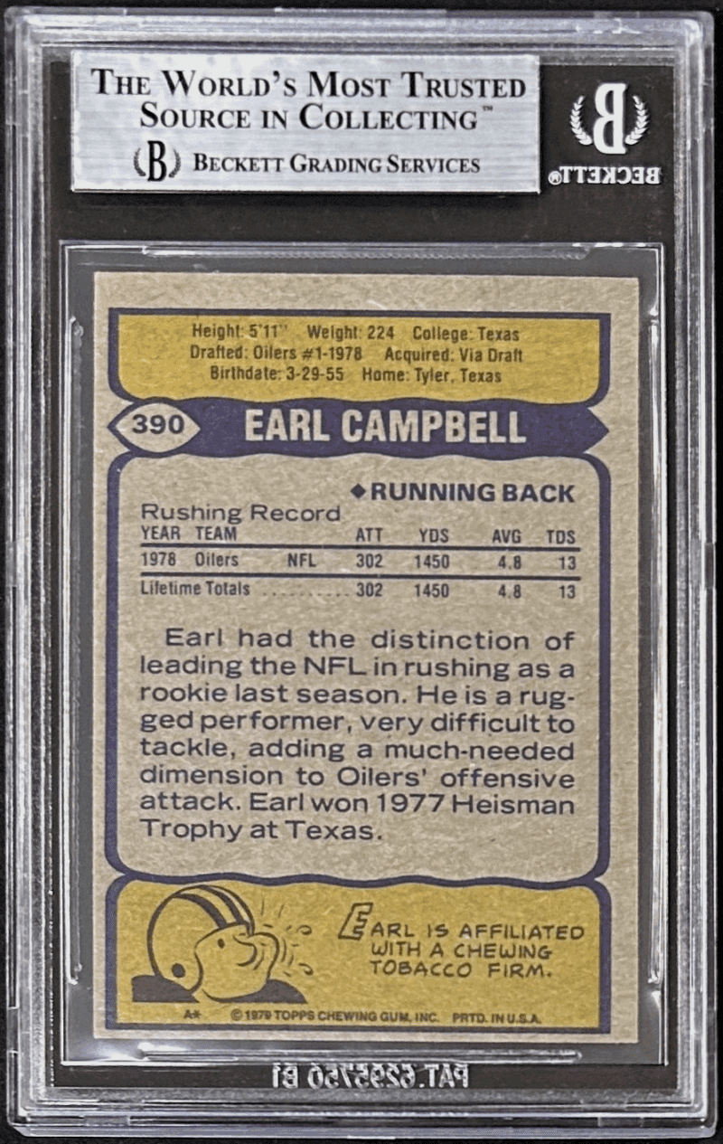 Earl Campbell Signed 1979 Topps Rookie Card #390 Beckett 11596124 Houston Oilers - Image 2