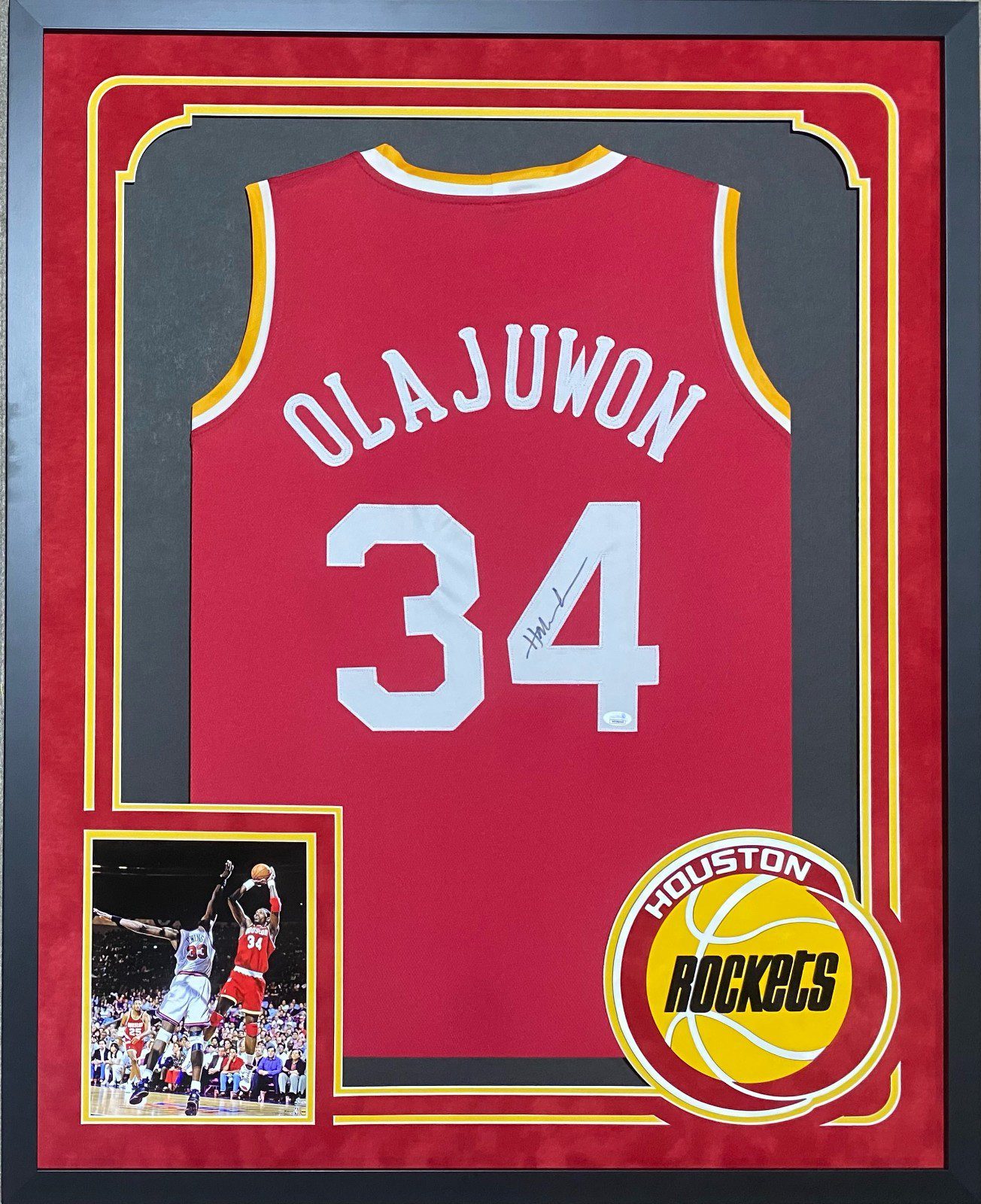 Hakeem Olajuwon Signed Autographed Framed Jersey JSA Authentic RED Suede Logo