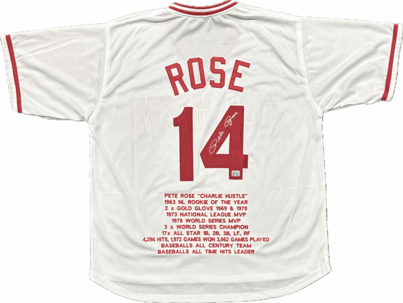 Pete Rose Signed Autographed White Stats Jersey Pete Rose Exclusive Hologram