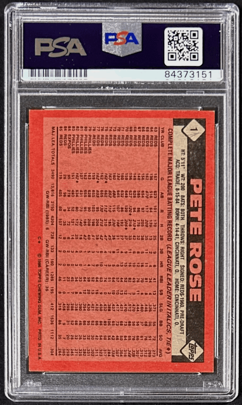 Pete Rose Signed 1986 Topps Card #1 PSA/DNA 84373151 Cincinnati Red - Image 2
