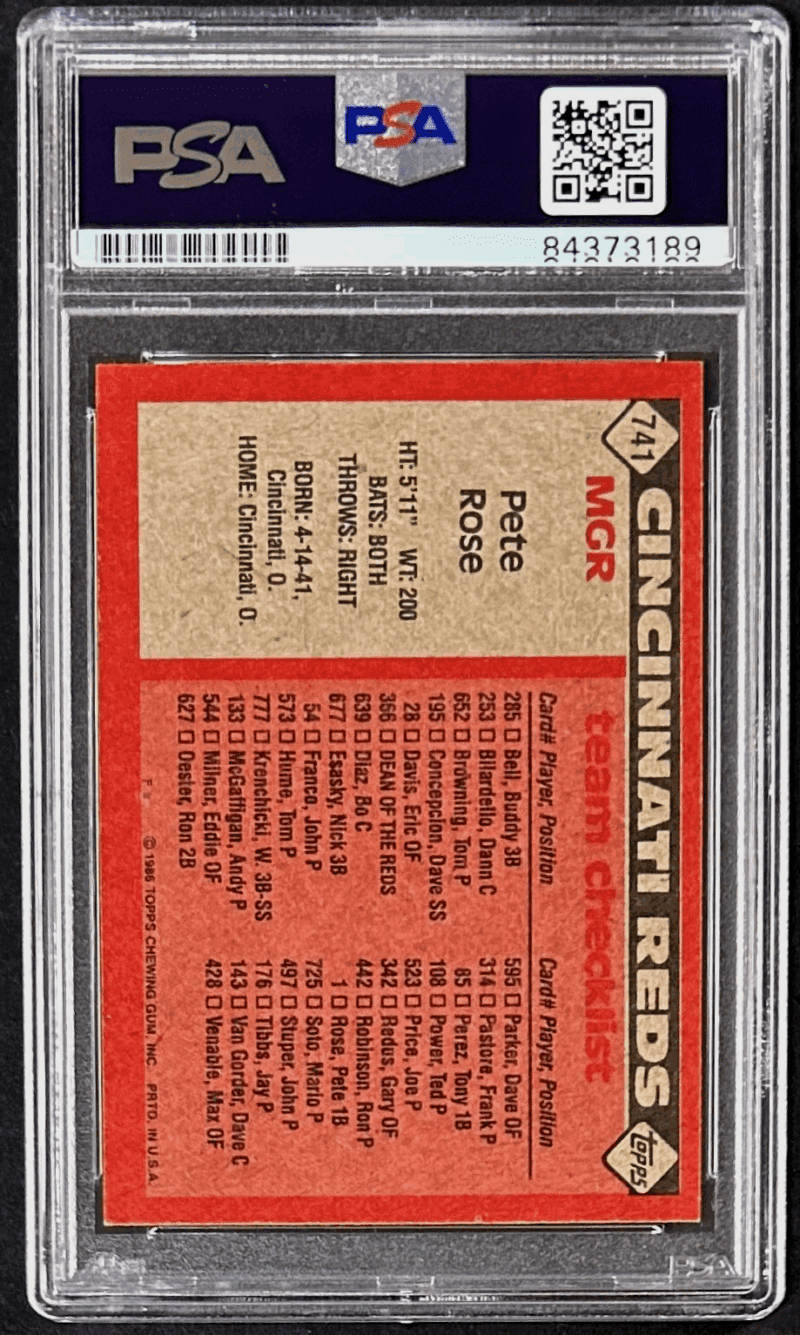 Pete Rose Signed 1986 Topps Card #741 PSA/DNA 84373189 Cincinnati Red - Image 2