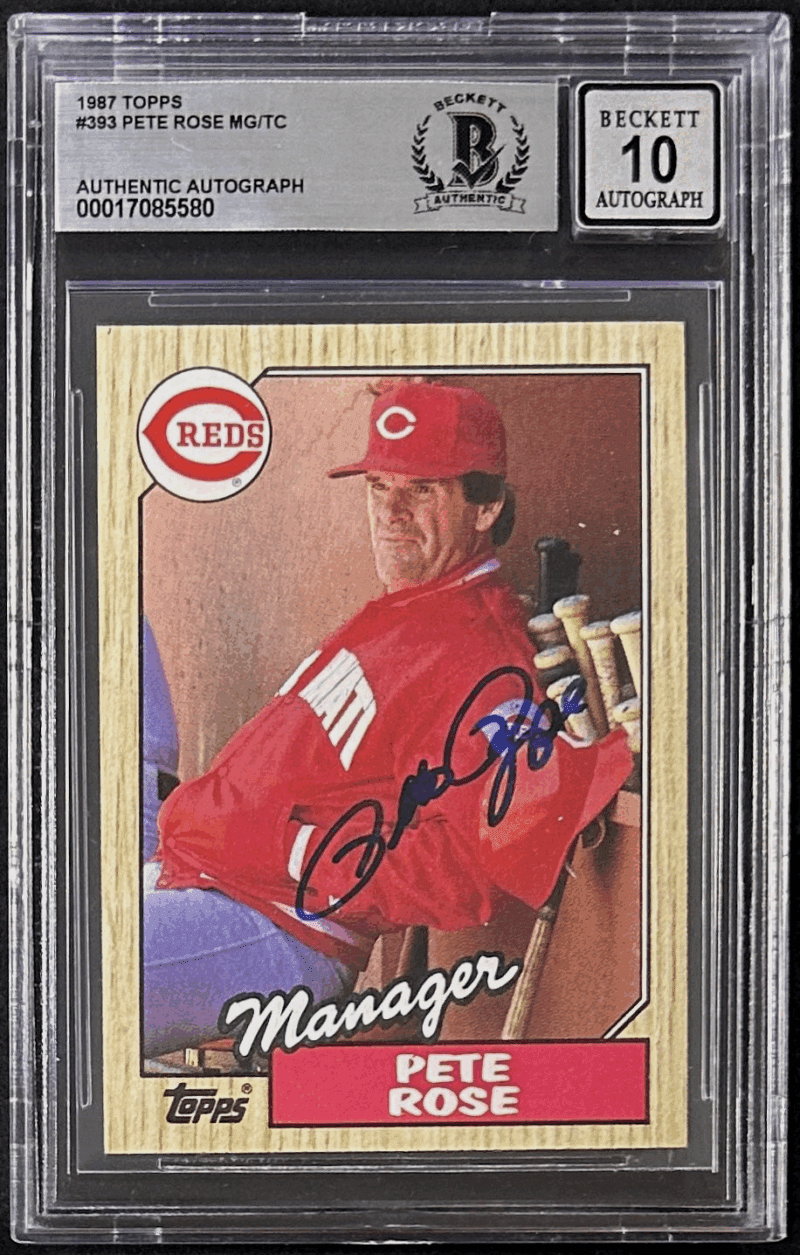 Pete Rose Signed 1987 Topps Card #393 Beckett 17085580 Cincinnati Reds Auto 10
