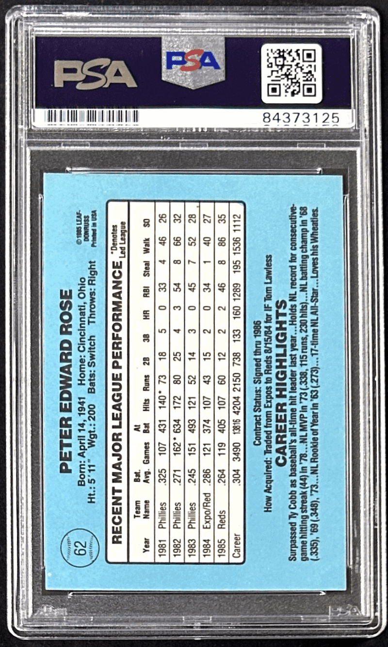 Pete Rose Signed 1986 Donruss Card #62 PSA/DNA 84373125 Cincinnati Reds - Image 2