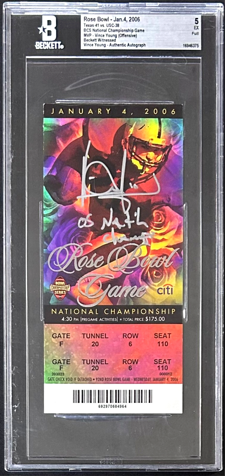 Vince Young Signed 2006 Rose Bowl BCS Championship Game Full Ticket BAS 16946375