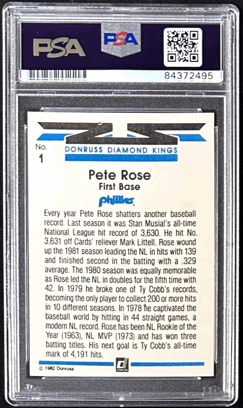 Pete Rose Signed 1982 Donruss Card #1 PSA/DNA 84372495 Philadelphia Phillies - Image 2