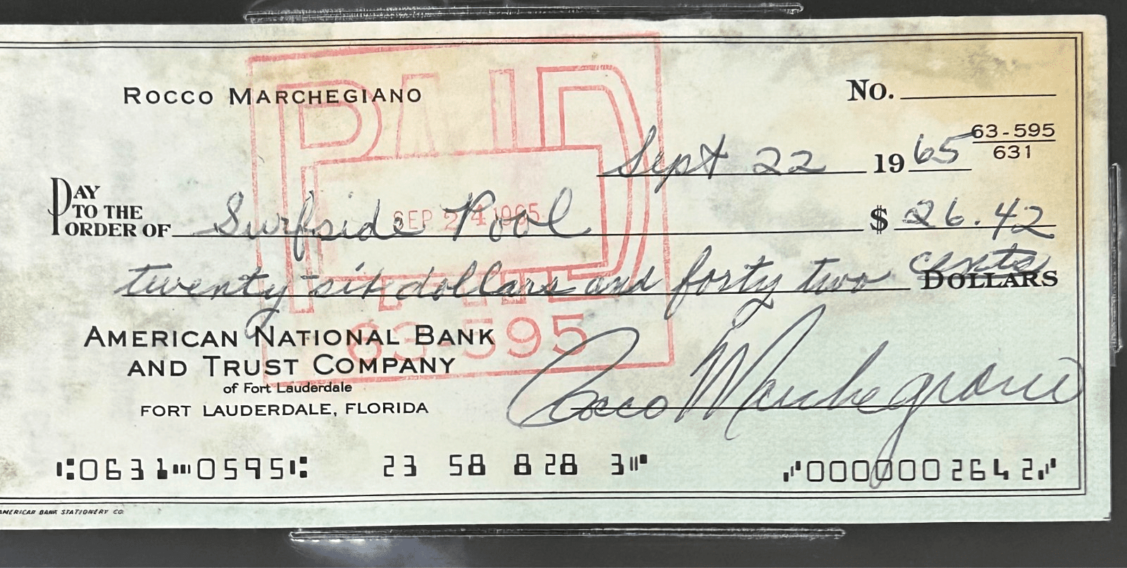 Rocco "ROCKY" Marchegiano Signed Autographed 9/22/1965 Check Beckett 16116292 - Image 2