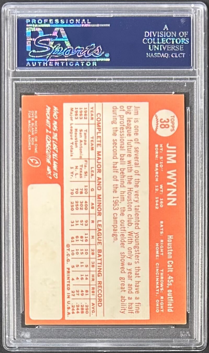 Jimmy Wynn Signed 1964 Topps Trading Rookie Card #38 PSA/DNA 83831867 Auto 10 - Image 2
