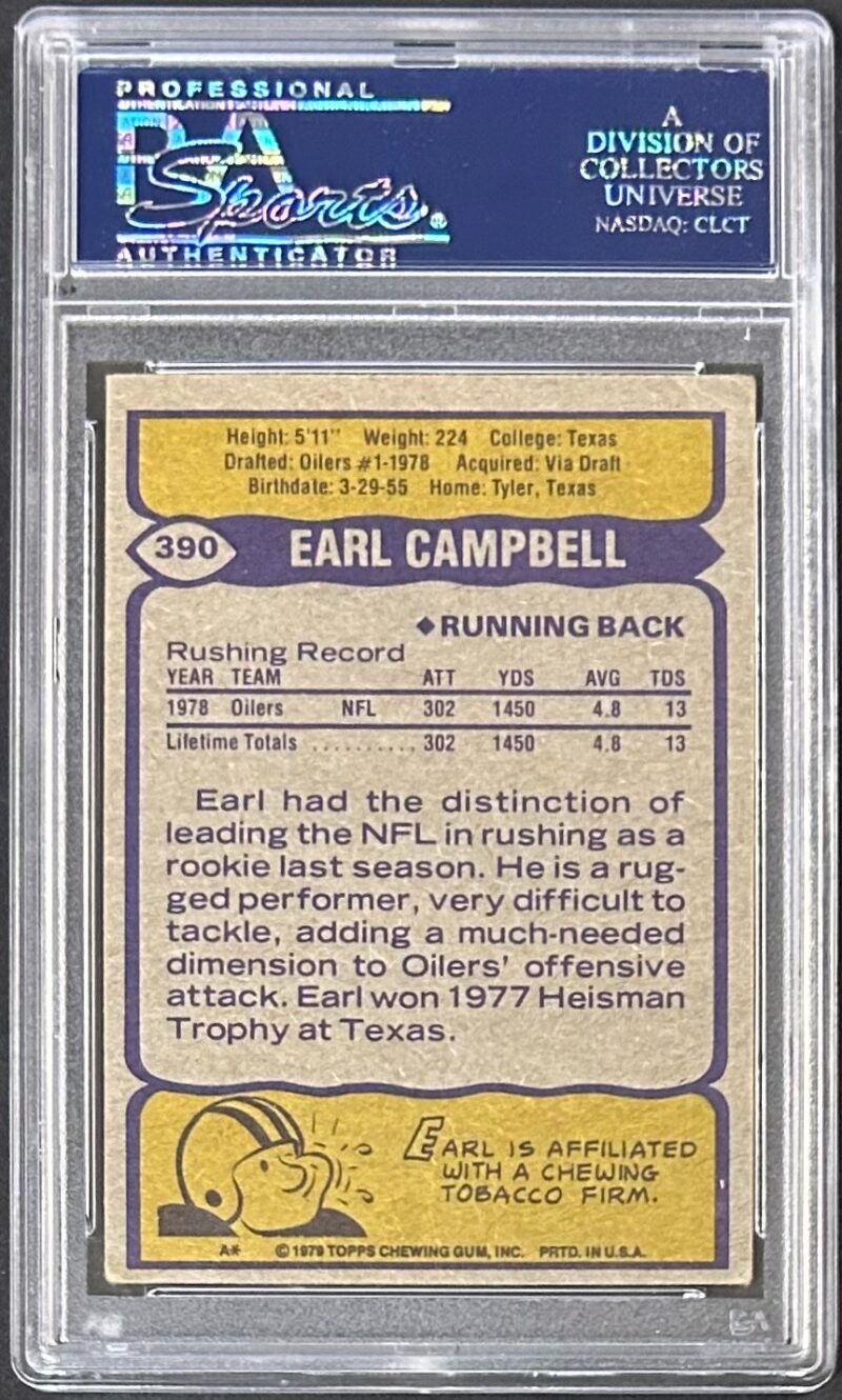 Earl Campbell Signed 1979 Topps Rookie Card #390 PSA/DNA 83830312 Auto 10 Oilers - Image 2