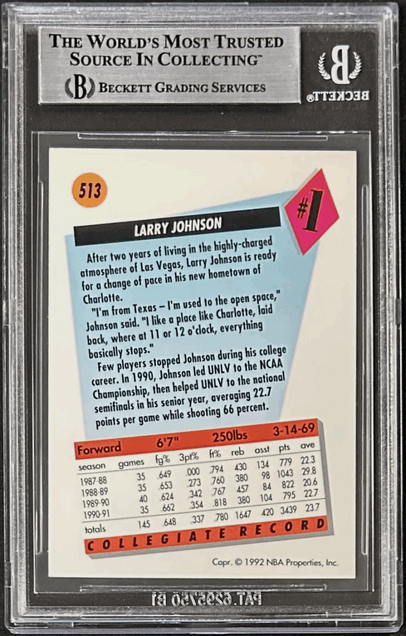 Larry Johnson 1991-92 Skybox Signed Card #513 Beckett 17088805 Charlotte Hornets - Image 2