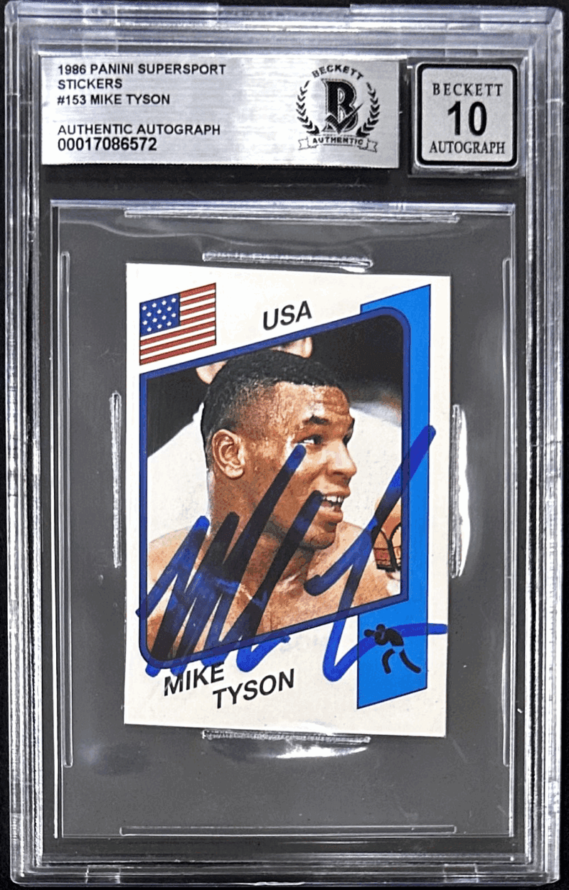 Mike Tyson Signed 1986 Panini Supersport Rookie Sticker BAS 17086572 Auto 10