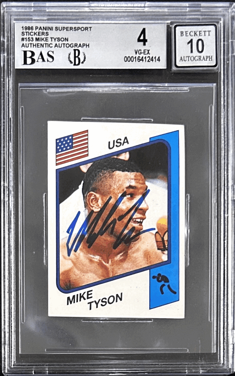 Mike Tyson Signed 1986 Panini Supersport Rookie Sticker BAS VG-EX 4 16412414