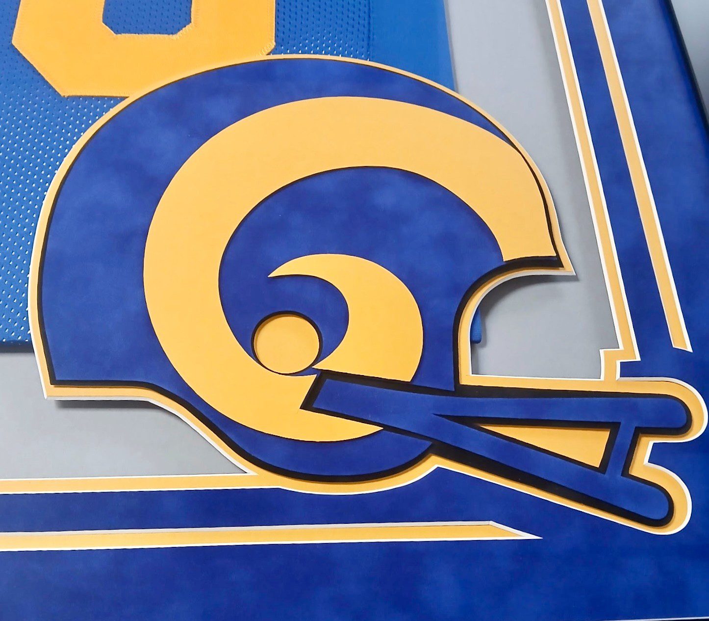 Marshall Faulk Signed Framed Blue Yellow Jersey Beckett Authenticated Suede Logo - Image 2