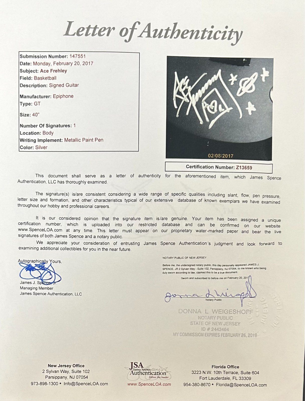 Ace Frehley Signed KISS 39" Black Electric Epiphone Guitar w Sketch JSA Authen - Image 5