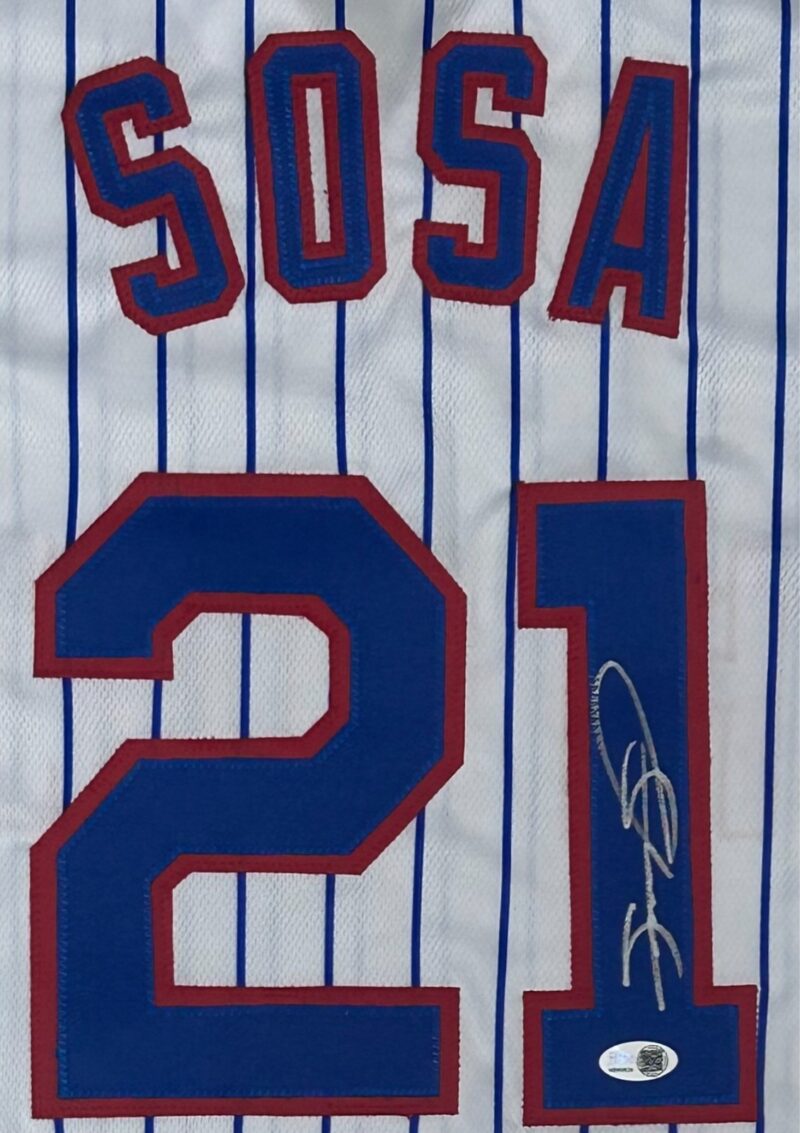 SAMMY SOSA SIGNED AUTOGRAPHED STRIPES BLUE/RED CUSTOM JERSEY JSA AUTHENTICATED - Image 3