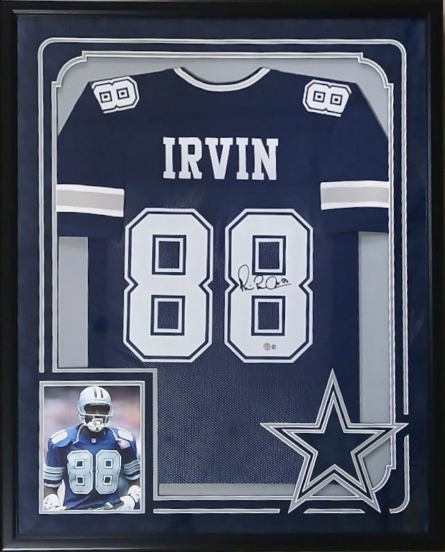Michael Irvin Signed Framed Blue Jersey Beckett Authentic Suede Logo