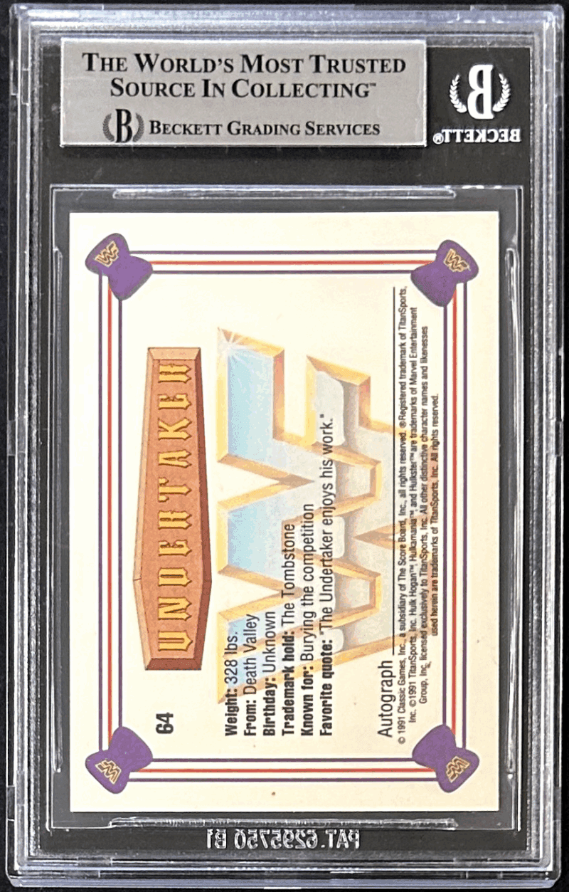 UNDERTAKER Signed 1991 Classic WWF Superstars Card #64 Beckett 1567836 - Image 2