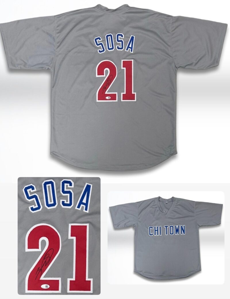 SAMMY SOSA SIGNED AUTOGRAPHED GRAY/RED/BLUE CUSTOM JERSEY JSA AUTHENTICATED