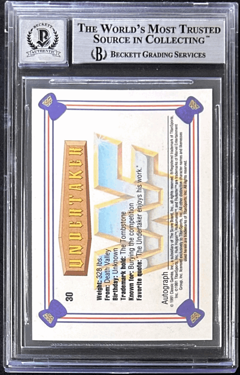 UNDERTAKER Signed 1991 Classic WWF Superstars Card #30 Beckett 14057841 Auto 10 - Image 2