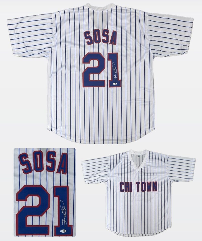 SAMMY SOSA SIGNED AUTOGRAPHED STRIPES BLUE/RED CUSTOM JERSEY JSA AUTHENTICATED