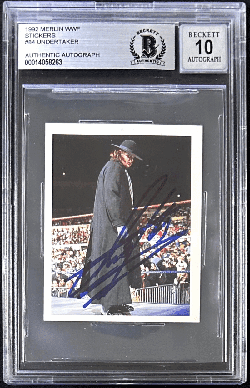 Undertaker Signed 1992 Merlin WWF WWE Stickers Card #84 Beckett 14058263 Auto 10