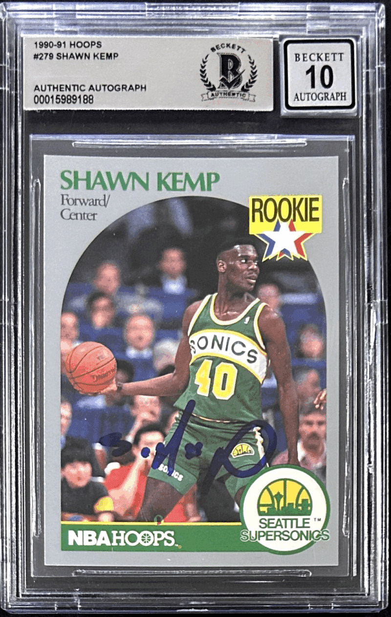 Shawn Kemp Signed 1990-91 NBA Hoops Rookie Card #279 Beckett 15989188 Auto 10