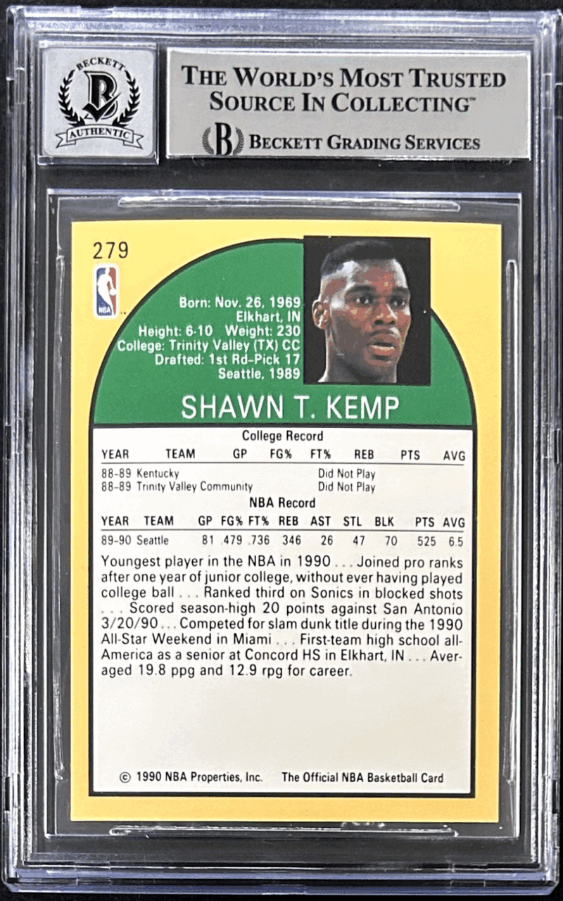 Shawn Kemp Signed 1990-91 NBA Hoops Rookie Card #279 Beckett 15989188 Auto 10 - Image 2
